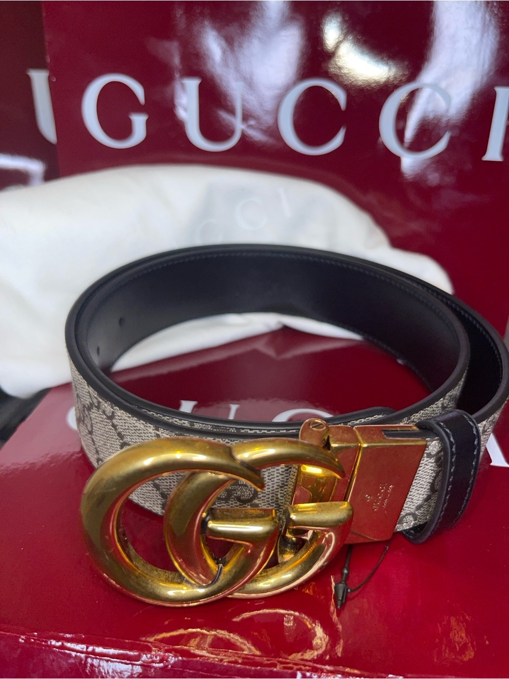 Gucci Reversible Beige GG Canvas Belt with Black Trim and Gold Double G Buckle